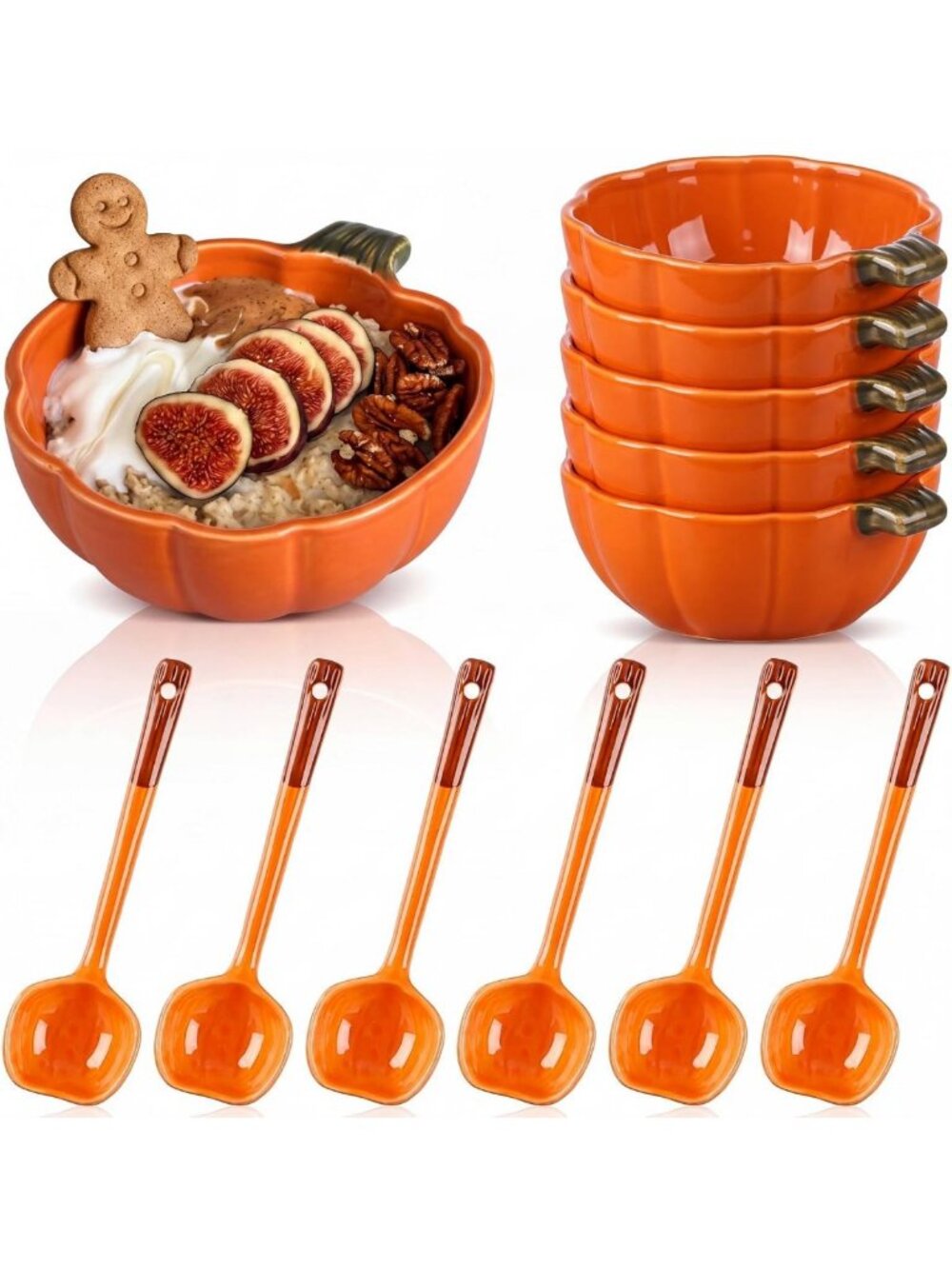 Set of 6 Pumpkin Soup Bowls with Spoons - Fall Decor, Ceramic Serving Set